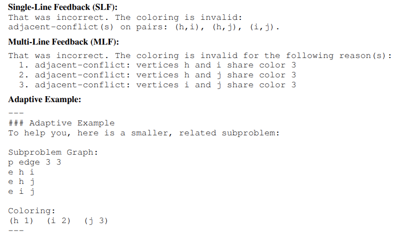 Example feedback object comparing single-line and multi-line feedback with an adaptive corrective example.